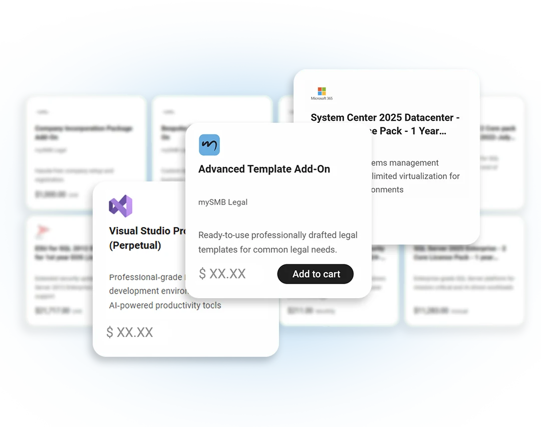 Marketplace product cards for legal templates, software licences and add-ons