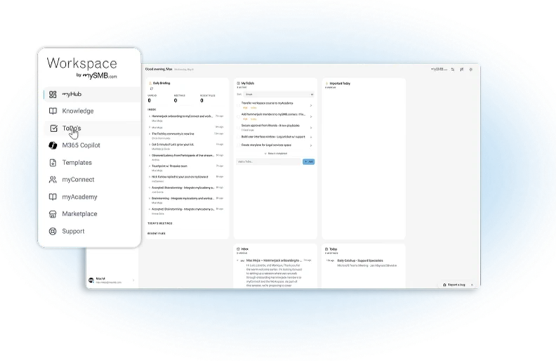 Workspace dashboard showing myHub priorities, to-dos and today's meetings