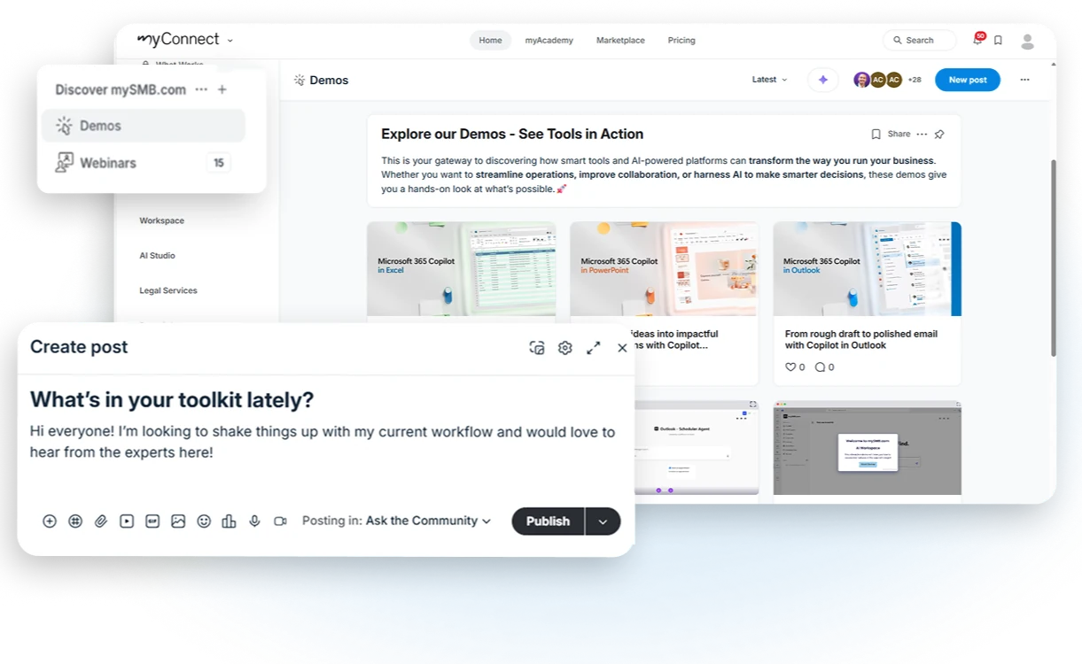 myConnect community feed showing discussions, demos and community posts